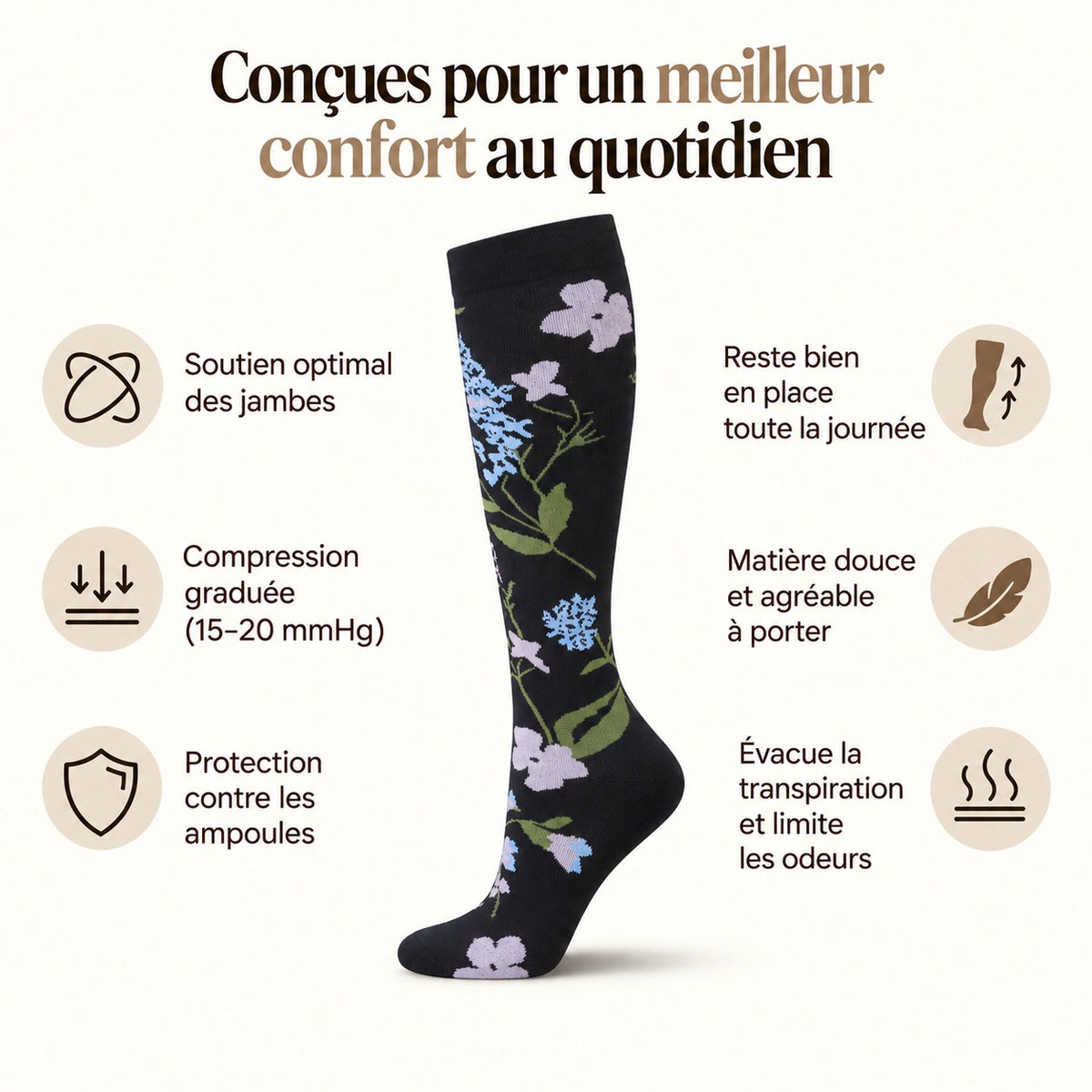 Chaussettes de compression - Fleurs Noires